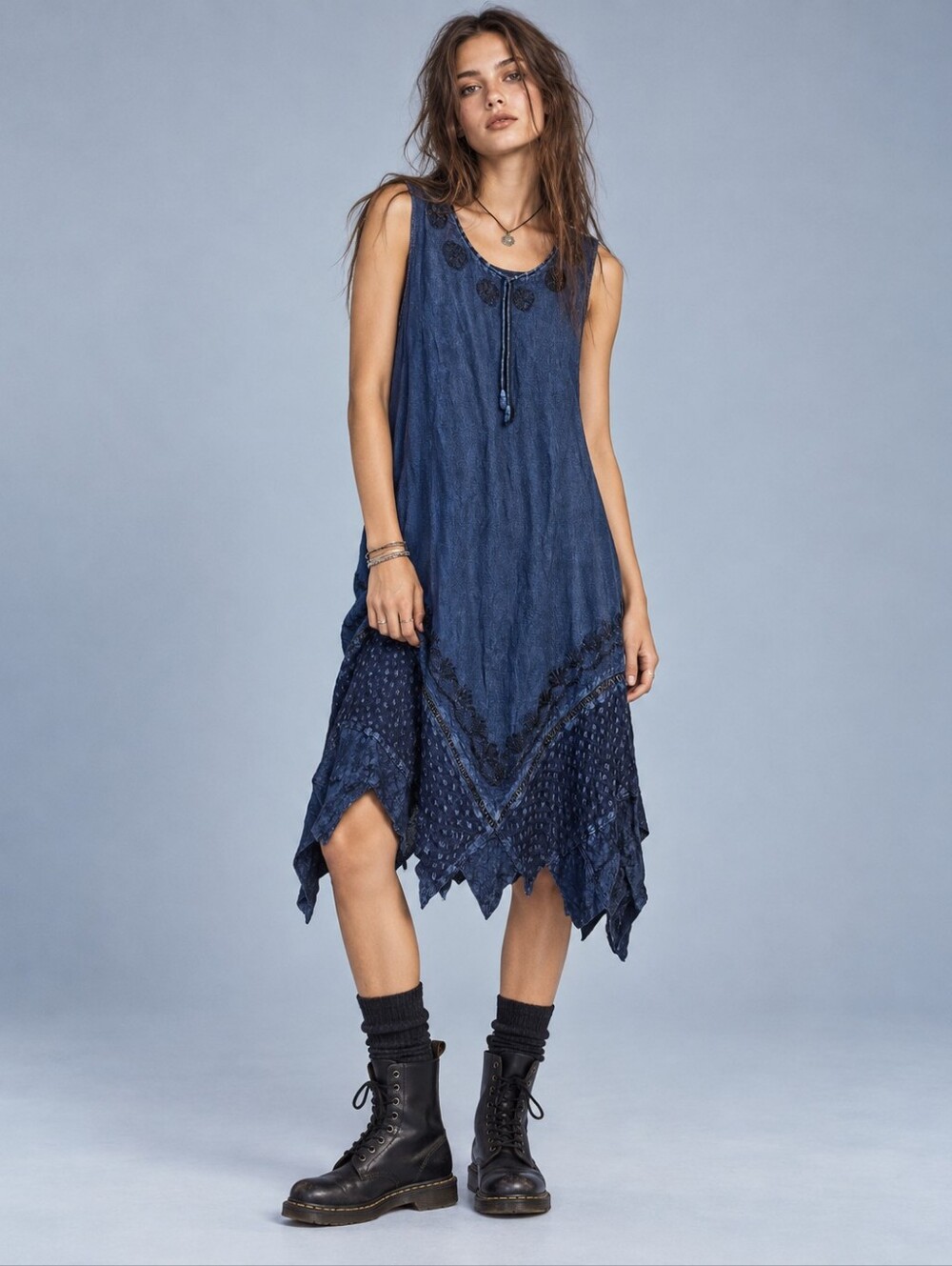 Vintage 90s Papa Embroidered Boho Dress Size L Blue